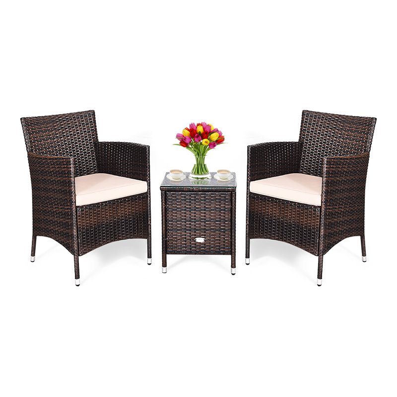 Pemberly Row 3-piece PE Rattan Outdoor Wicker Furniture Sets Chairs in Beige