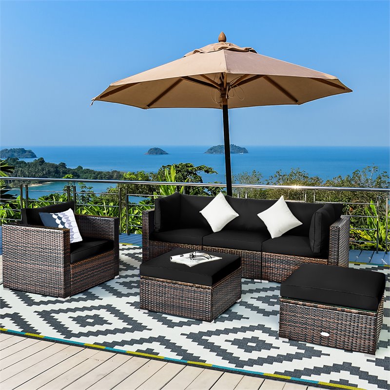 Pemberly Row 6-Pc Rattan Patio Furniture Set w/ Sponge Padded Cushions in Black