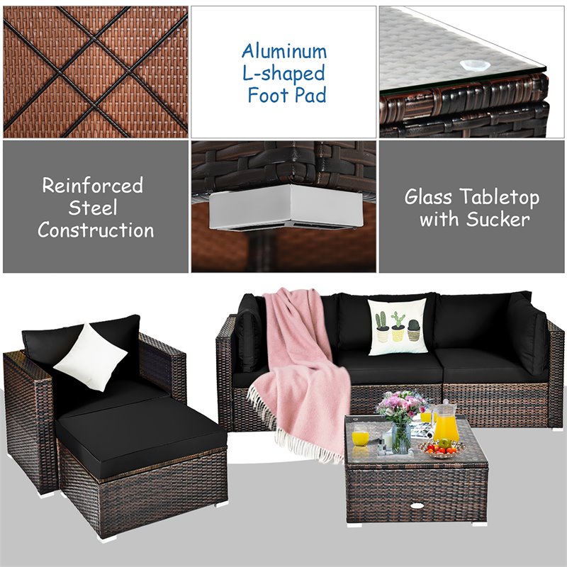 Pemberly Row 6-Pc Rattan Patio Furniture Set w/ Sponge Padded Cushions in Black