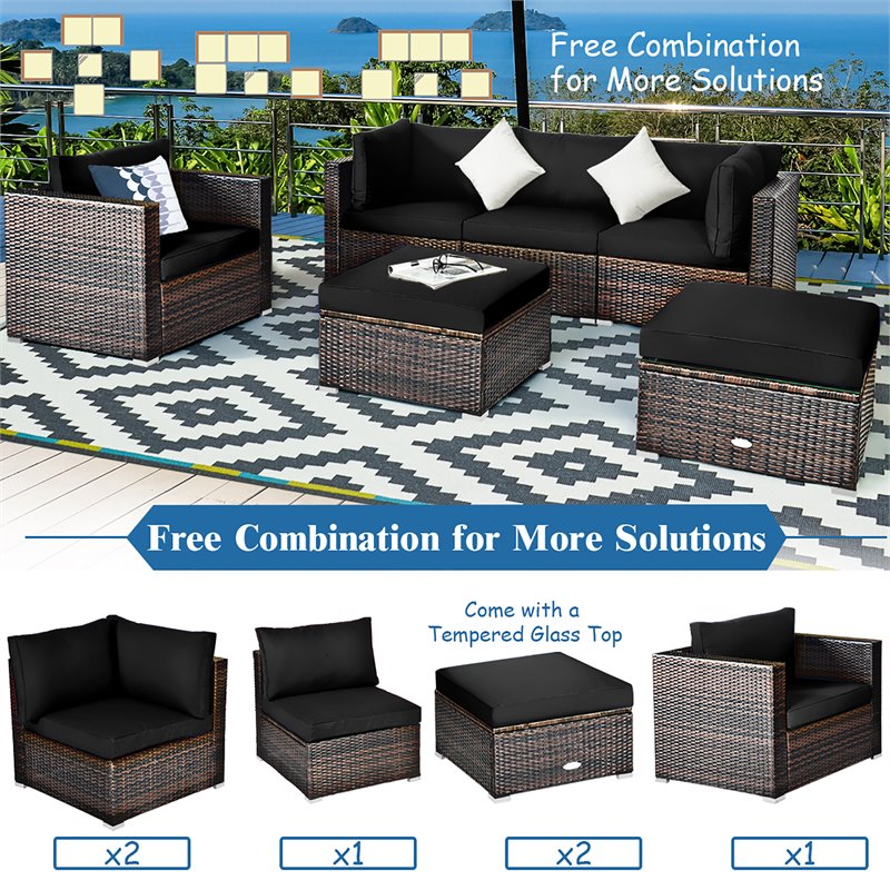 Pemberly Row 6-Pc Rattan Patio Furniture Set w/ Sponge Padded Cushions in Black