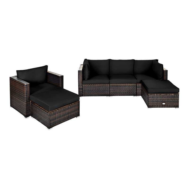Pemberly Row 6-Pc Rattan Patio Furniture Set w/ Sponge Padded Cushions in Black