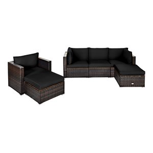 Pemberly Row 6-Pc Rattan Patio Furniture Set w/ Sponge Padded Cushions in Black