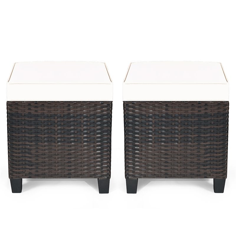 Pemberly Row Rattan Cushioned Seat Patio Rattan Ottoman - Brown/White (Set of 2)