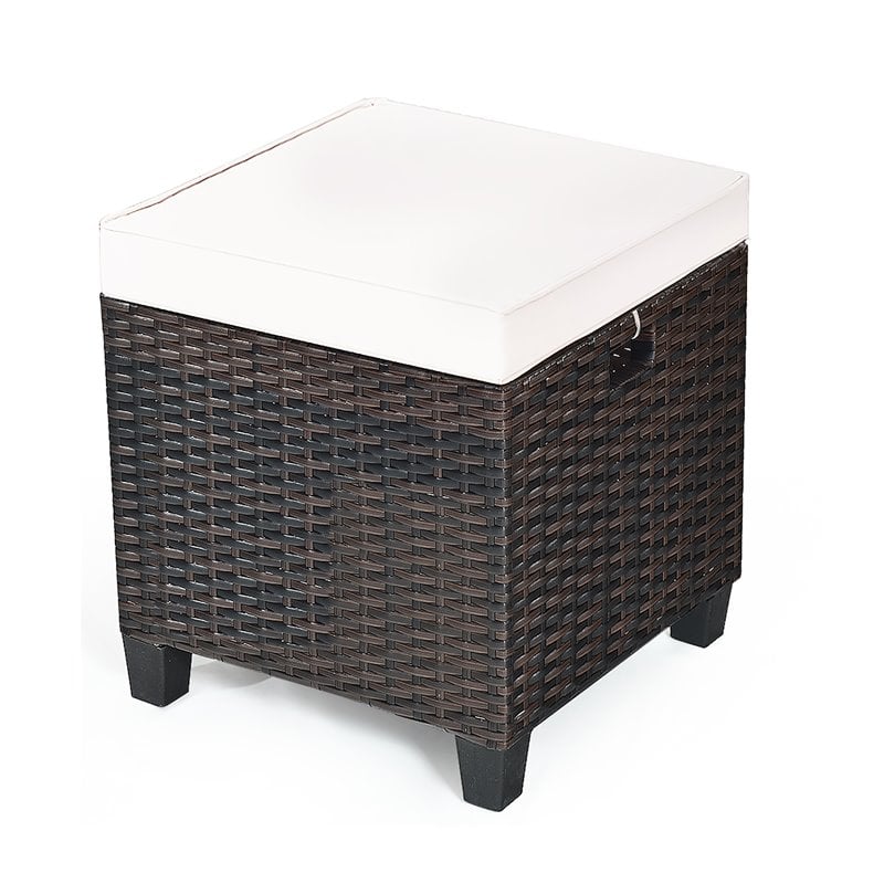 Pemberly Row Rattan Cushioned Seat Patio Rattan Ottoman - Brown/White (Set of 2)