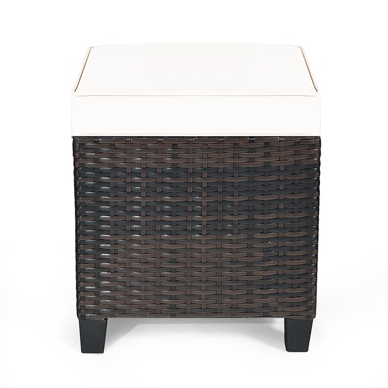 Pemberly Row Rattan Cushioned Seat Patio Rattan Ottoman - Brown/White (Set of 2)