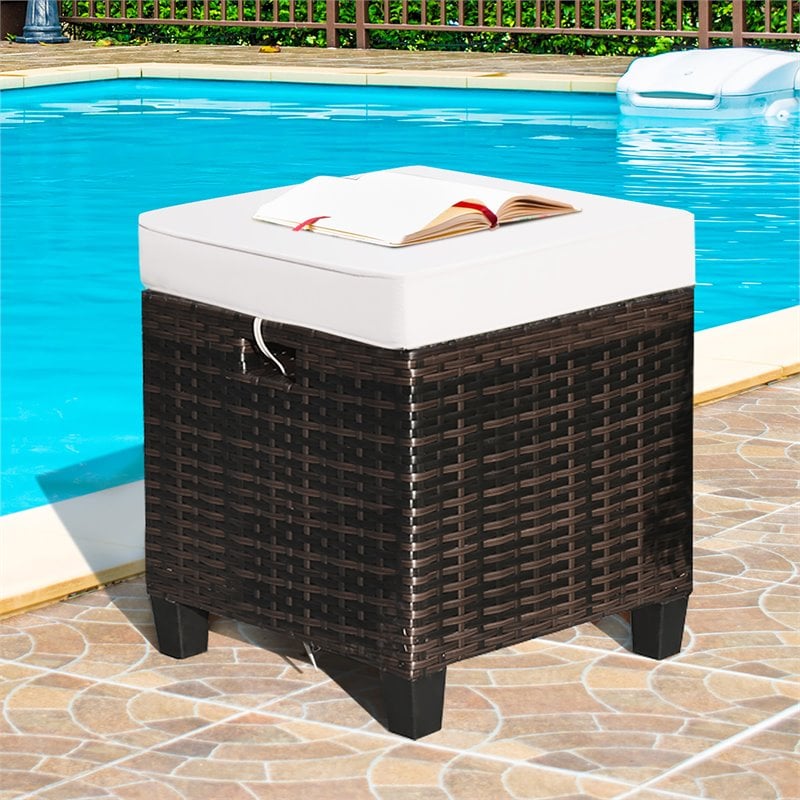 Pemberly Row Rattan Cushioned Seat Patio Rattan Ottoman - Brown/White (Set of 2)