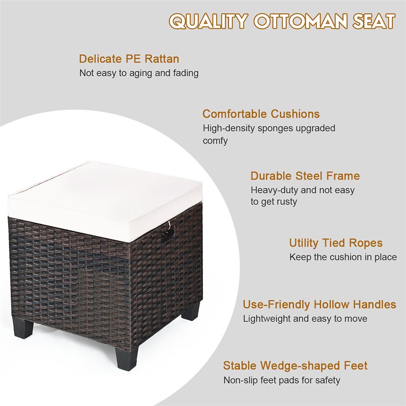 Pemberly Row Rattan Cushioned Seat Patio Rattan Ottoman - Brown/White (Set of 2)