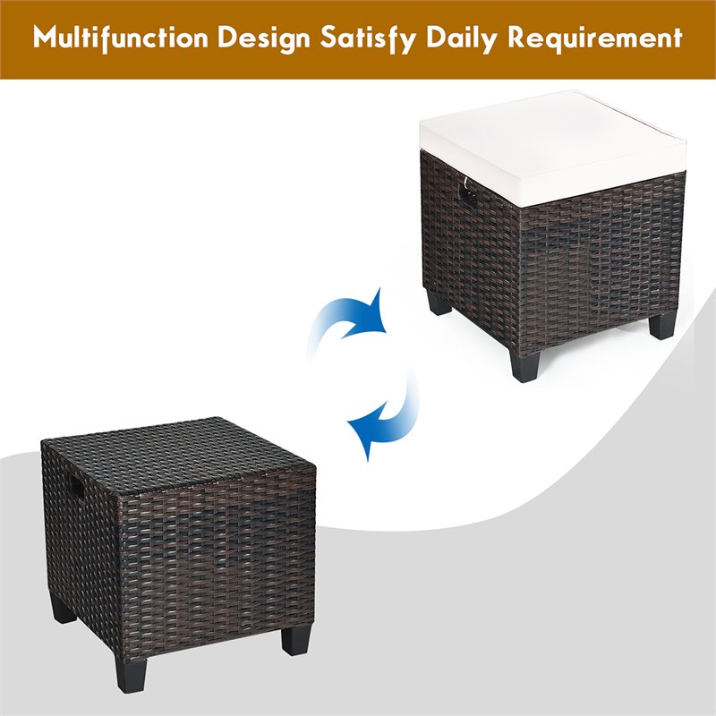 Pemberly Row Rattan Cushioned Seat Patio Rattan Ottoman - Brown/White (Set of 2)