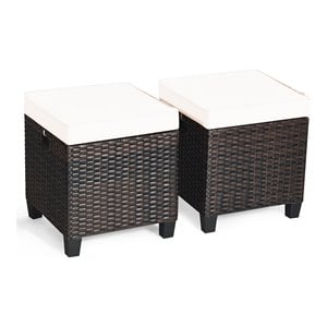 Pemberly Row Rattan Cushioned Seat Patio Rattan Ottoman - Brown/White (Set of 2)