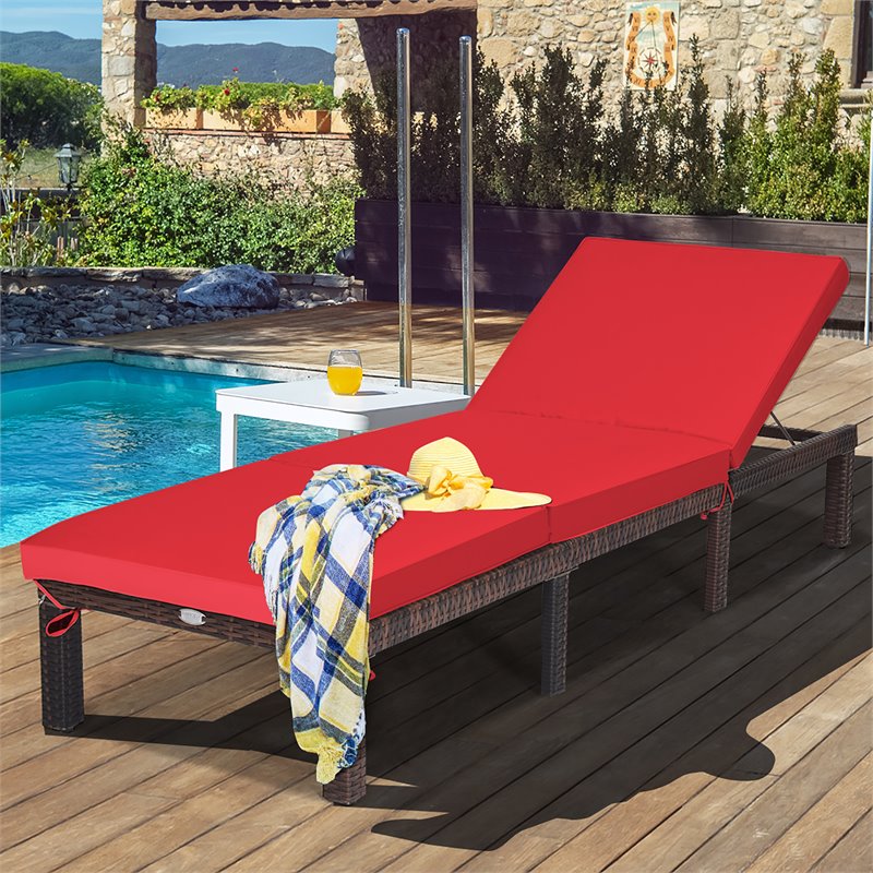 Pemberly Row Rattan & Steel Outdoor Lounge Chair with Removable Cushion in Red
