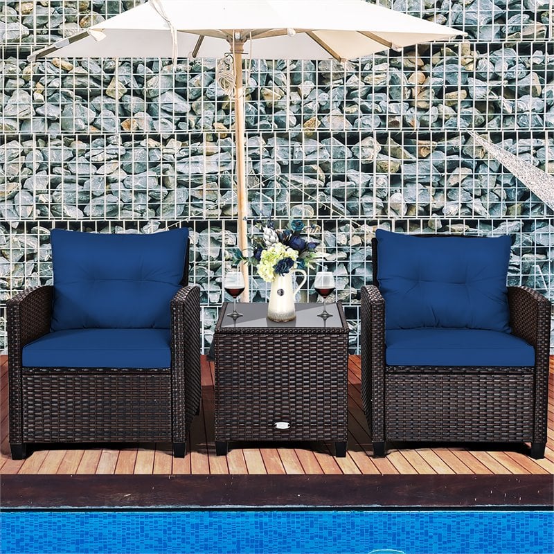 Pemberly Row 3-piece Contemporary Rattan Patio Furniture Set in Navy