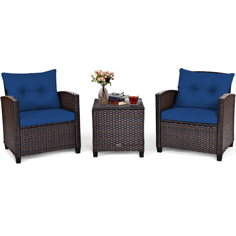 Pemberly Row 3-piece Contemporary Rattan Patio Furniture Set in Navy