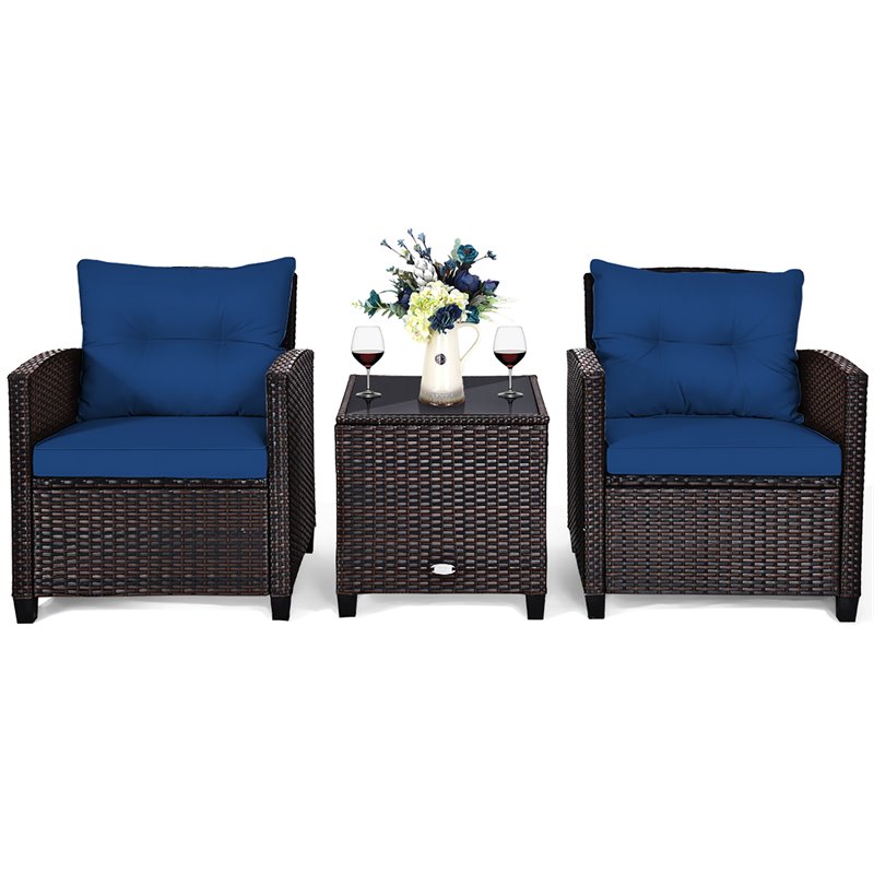 Pemberly Row 3-piece Contemporary Rattan Patio Furniture Set in Navy