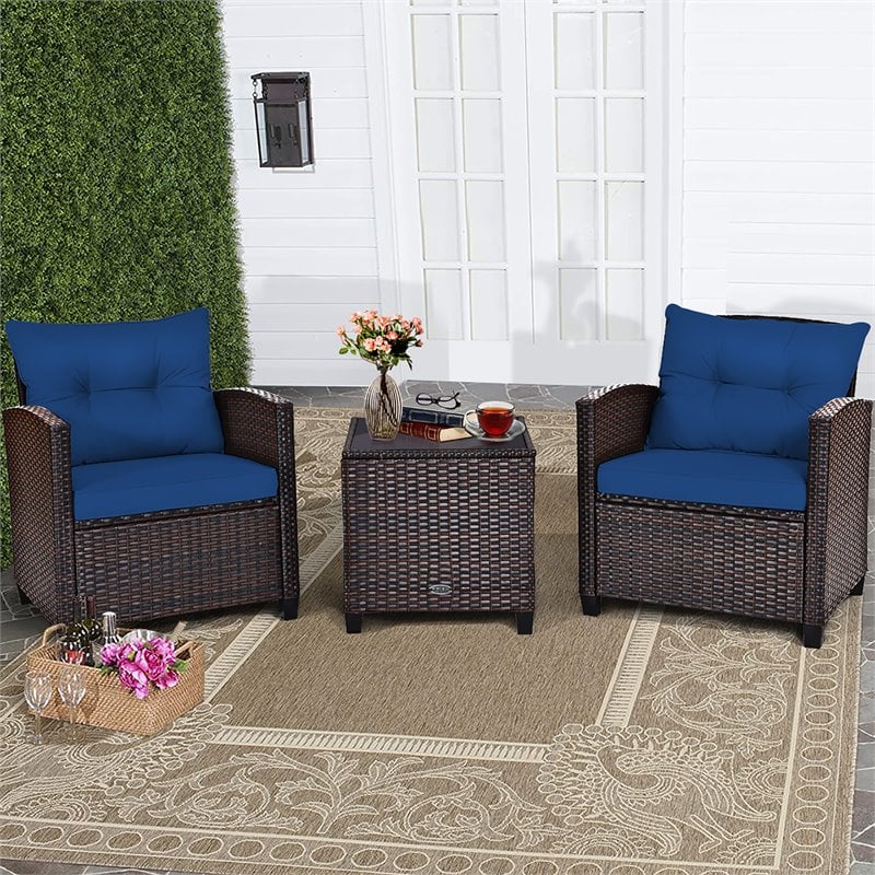Pemberly Row 3-piece Contemporary Rattan Patio Furniture Set in Navy