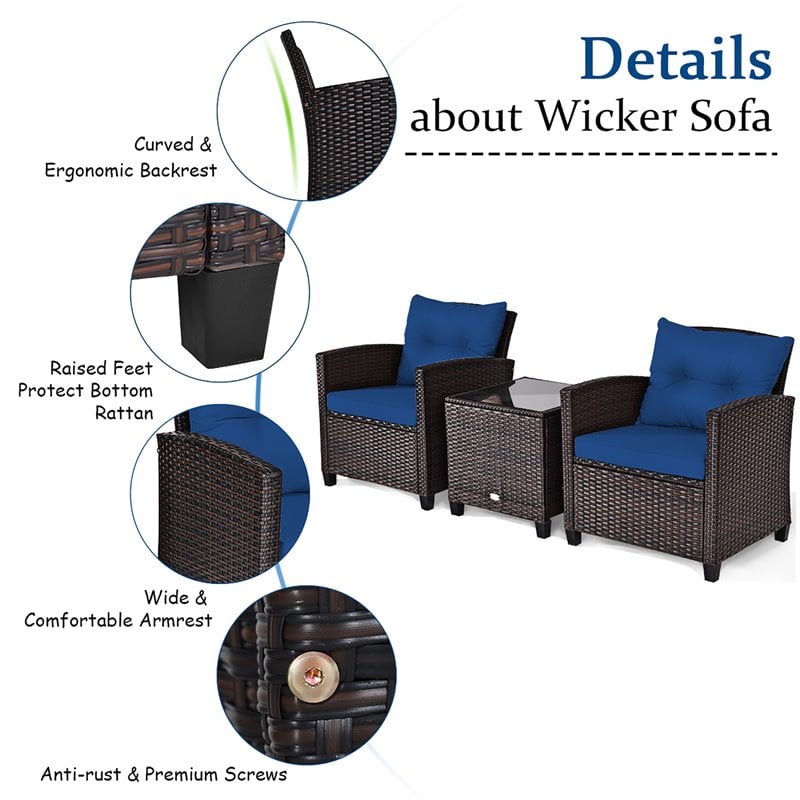 Pemberly Row 3-piece Contemporary Rattan Patio Furniture Set in Navy