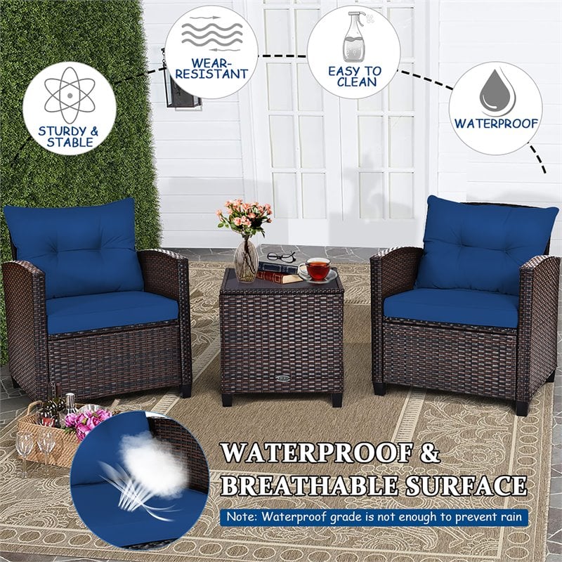 Pemberly Row 3-piece Contemporary Rattan Patio Furniture Set in Navy