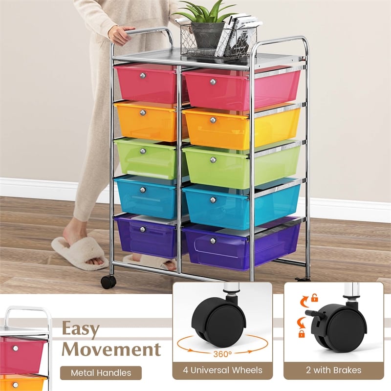 Pemberly Row 10-Drawer Plastic Storage Cart Utility Rolling Trolley in Rainbow