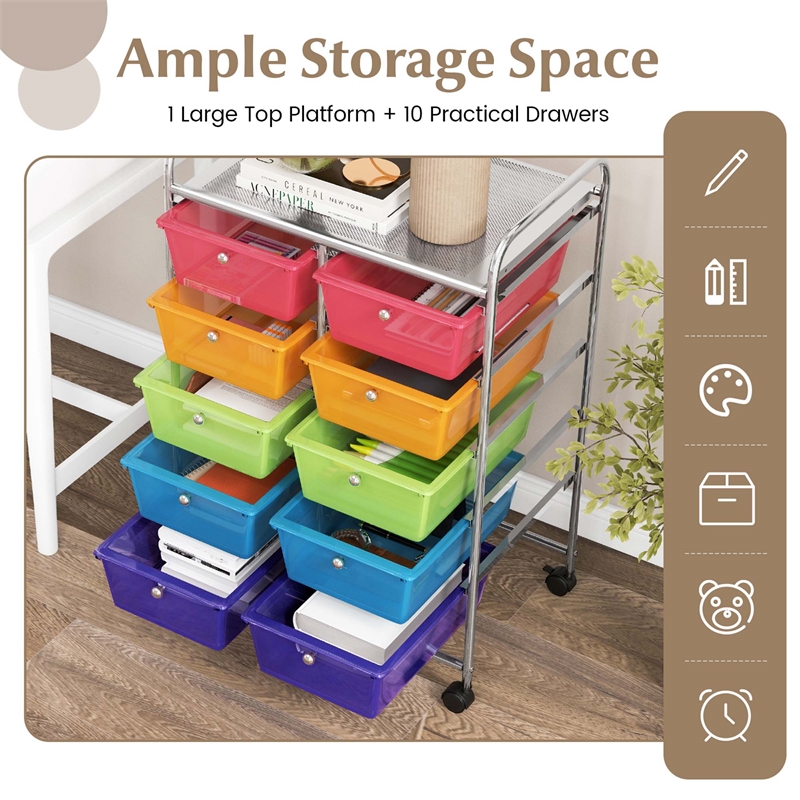 Pemberly Row 10-Drawer Plastic Storage Cart Utility Rolling Trolley in Rainbow