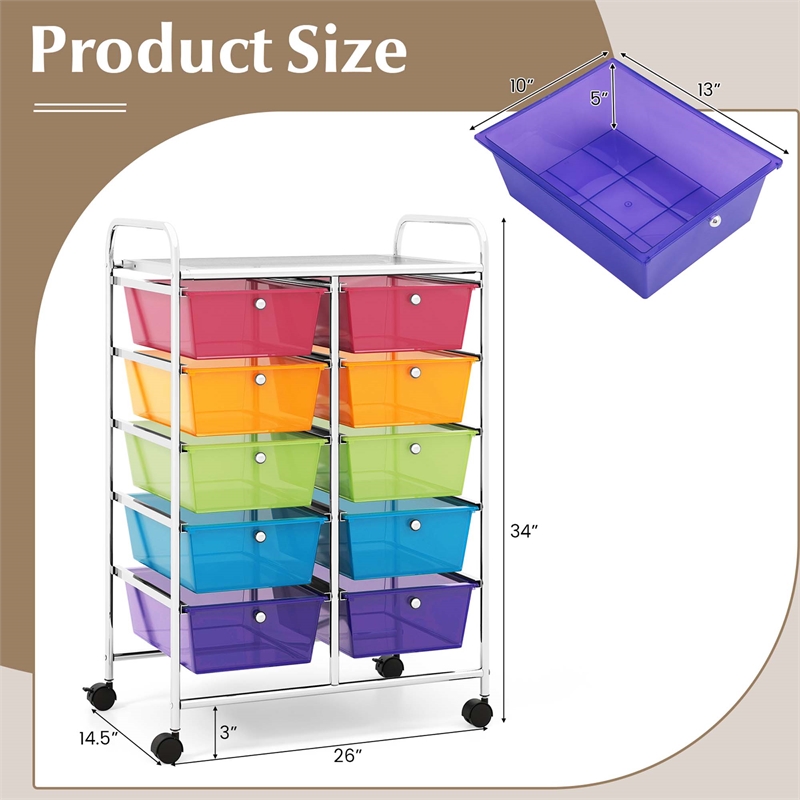 Pemberly Row 10-Drawer Plastic Storage Cart Utility Rolling Trolley in Rainbow