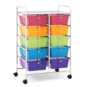 Pemberly Row 10-Drawer Plastic Storage Cart Utility Rolling Trolley in Rainbow