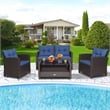 Pemberly Row 4 PCS Patio Rattan Furniture Set Table Shelf Sofa Cushion in Navy