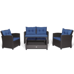 Pemberly Row 4 PCS Patio Rattan Furniture Set Table Shelf Sofa Cushion in Navy