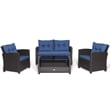 Pemberly Row 4 PCS Patio Rattan Furniture Set Table Shelf Sofa Cushion in Navy