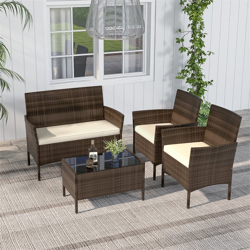 Pemberly Row 4 PCS Patio Furniture Set with Tempered Glass Coffee Table Beige