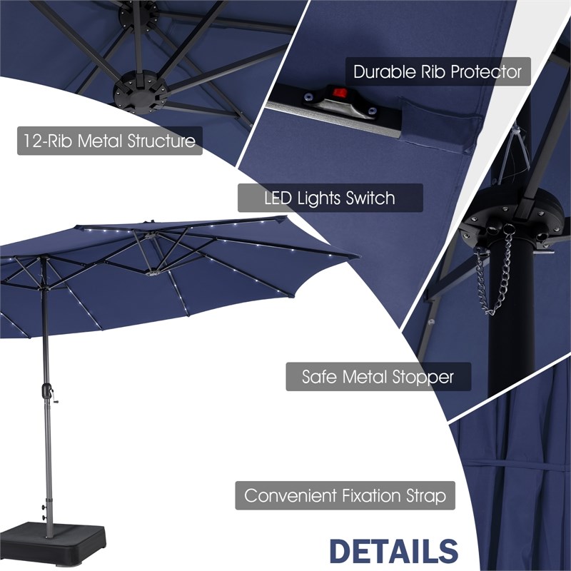 Pemberly Row Outdoor 15FT Double-Sided Patio Umbrella w/LED Lights Navy