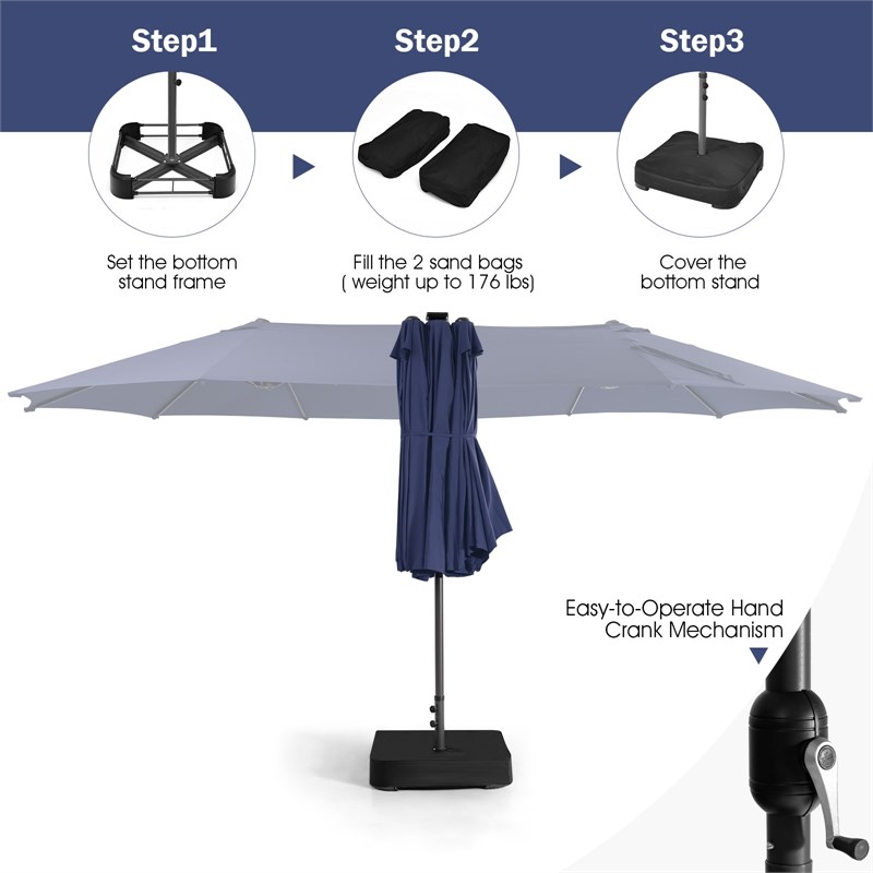 Pemberly Row Outdoor 15FT Double-Sided Patio Umbrella w/LED Lights Navy