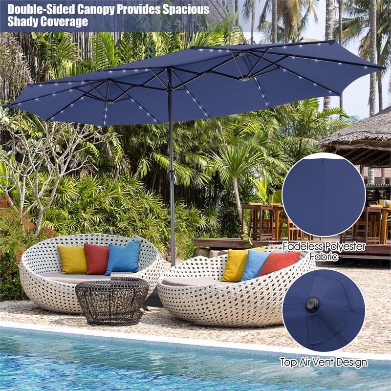 Pemberly Row Outdoor 15FT Double-Sided Patio Umbrella w/LED Lights Navy