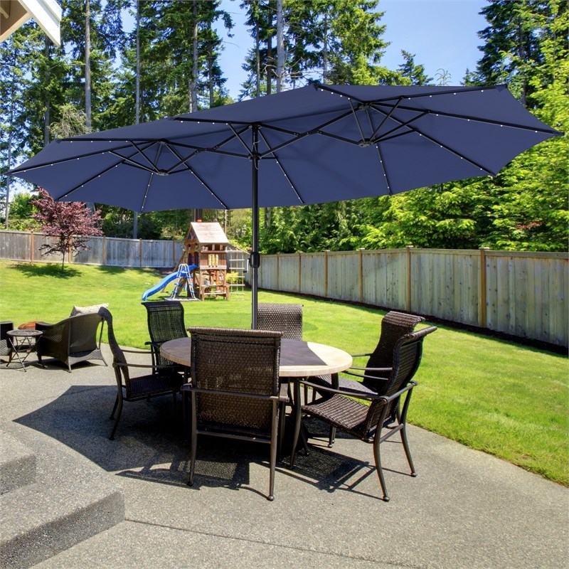 Pemberly Row Outdoor 15FT Double-Sided Patio Umbrella w/LED Lights Navy