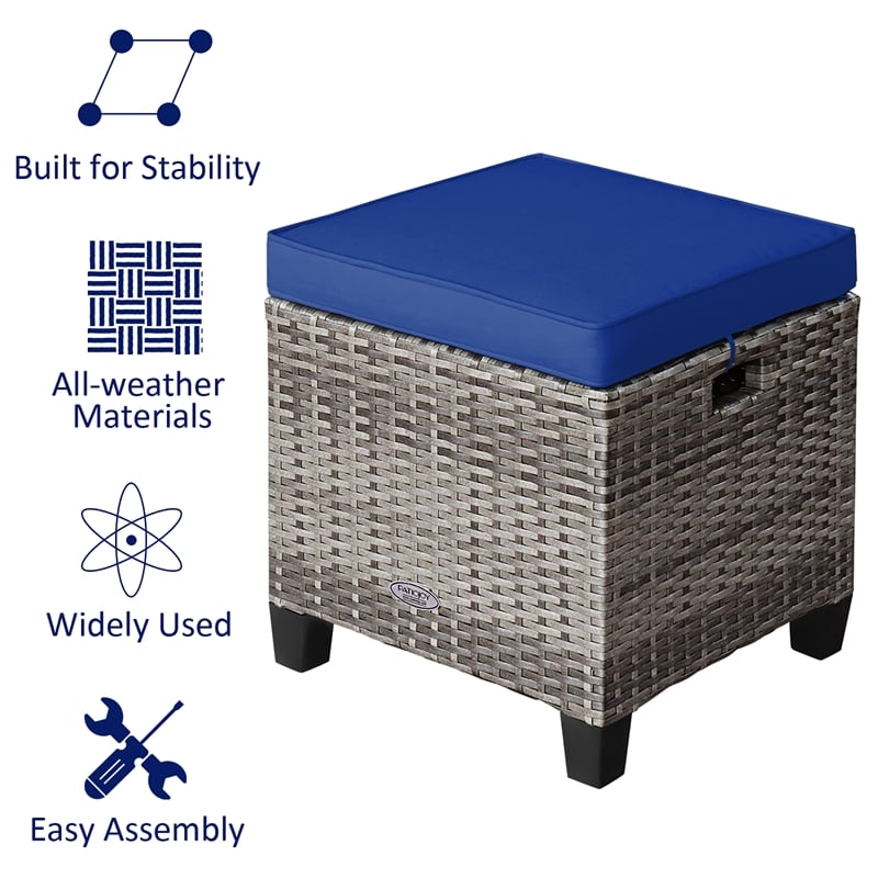 Pemberly Row 2PCS Patio Rattan Cushioned Ottoman Seat Foot Rest Navy
