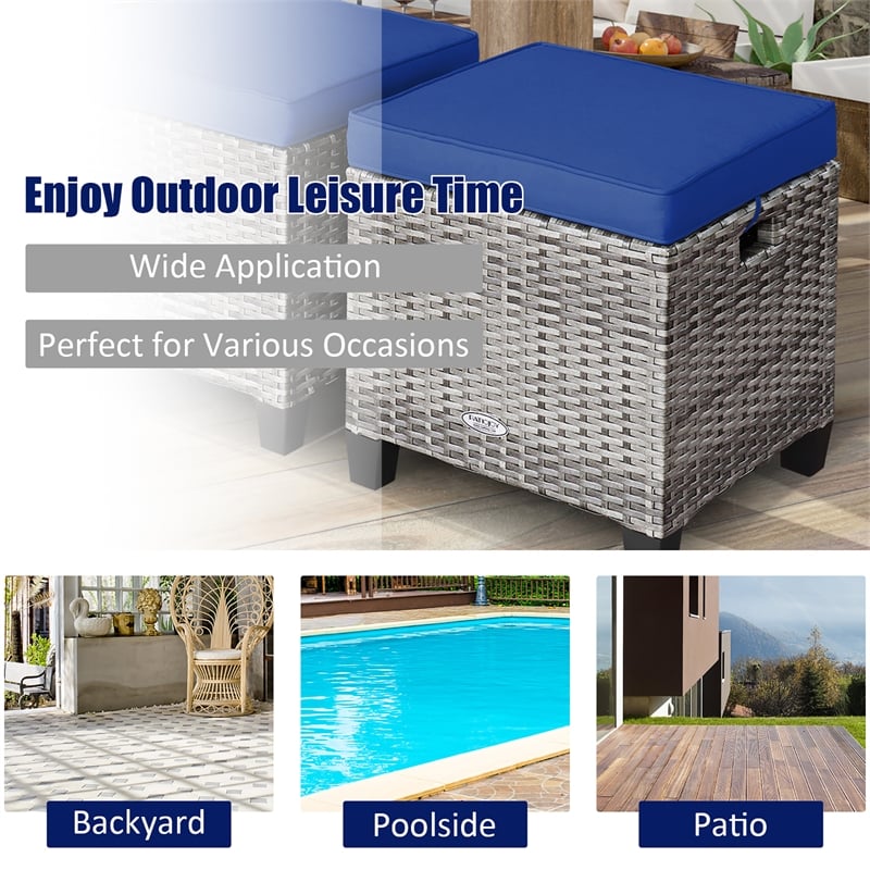 Pemberly Row 2PCS Patio Rattan Cushioned Ottoman Seat Foot Rest Navy