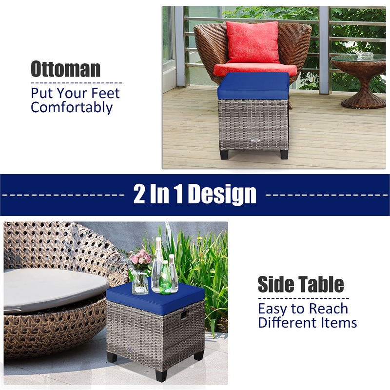 Pemberly Row 2PCS Patio Rattan Cushioned Ottoman Seat Foot Rest Navy
