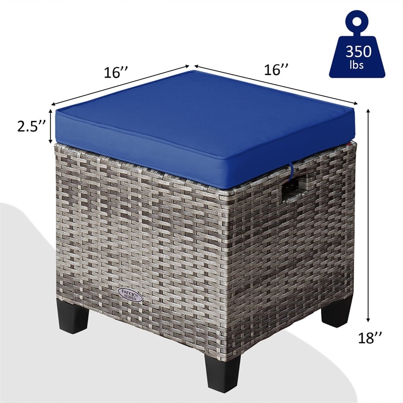 Pemberly Row 2PCS Patio Rattan Cushioned Ottoman Seat Foot Rest Navy