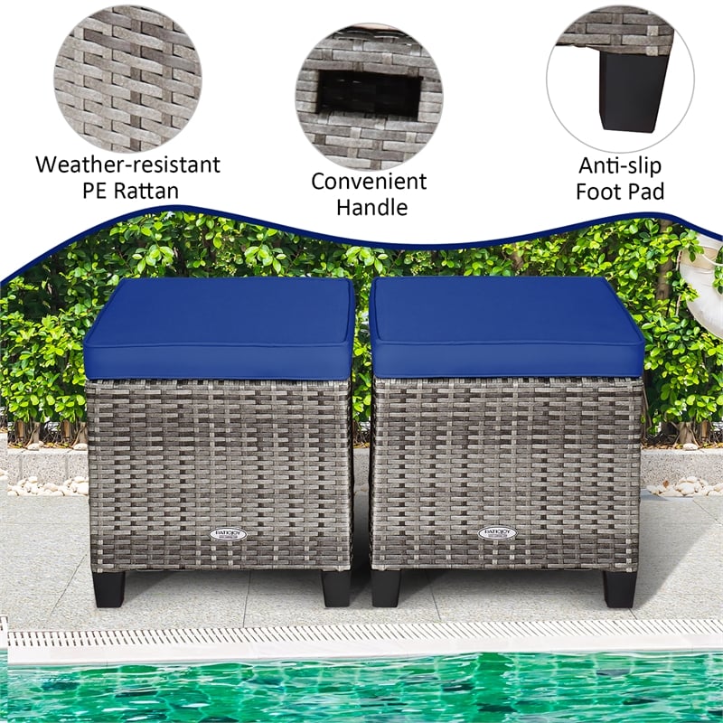 Pemberly Row 2PCS Patio Rattan Cushioned Ottoman Seat Foot Rest Navy