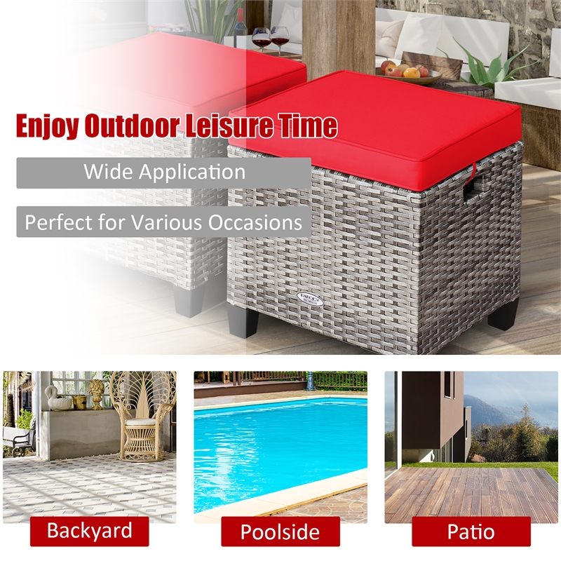 Pemberly Row 2PCS Patio Rattan Cushioned Ottoman Seat Foot Rest Red