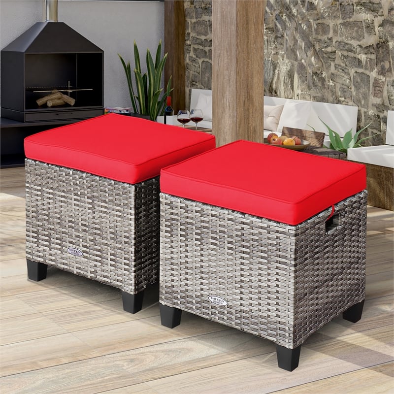 Pemberly Row 2PCS Patio Rattan Cushioned Ottoman Seat Foot Rest Red