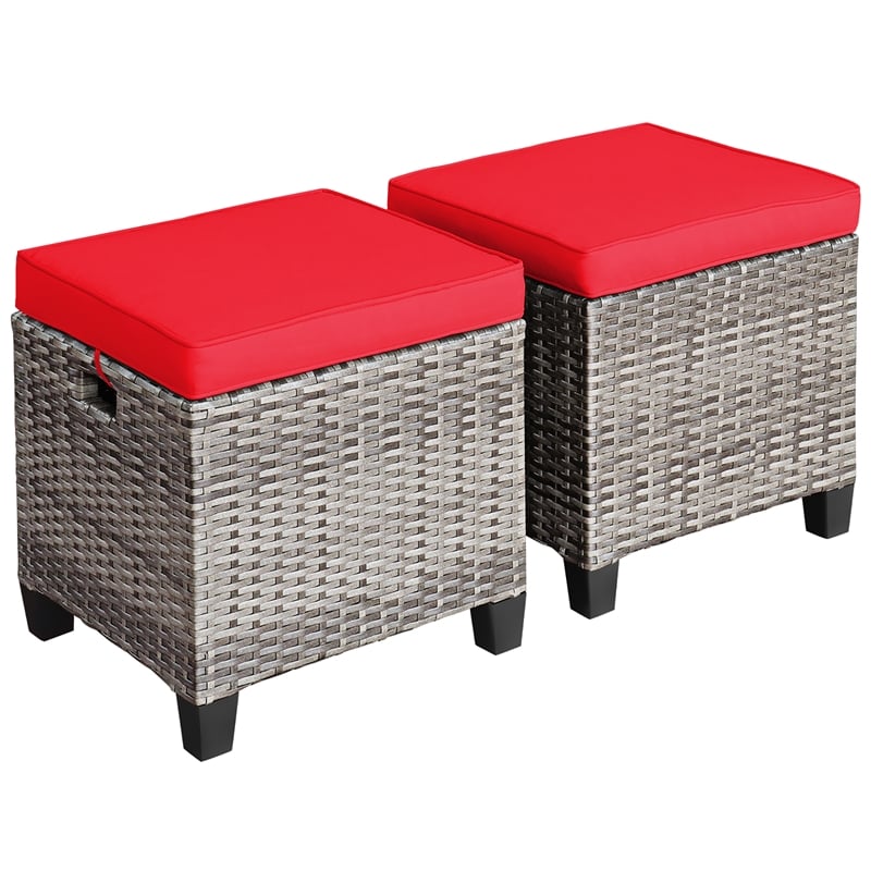 Pemberly Row 2PCS Patio Rattan Cushioned Ottoman Seat Foot Rest Red