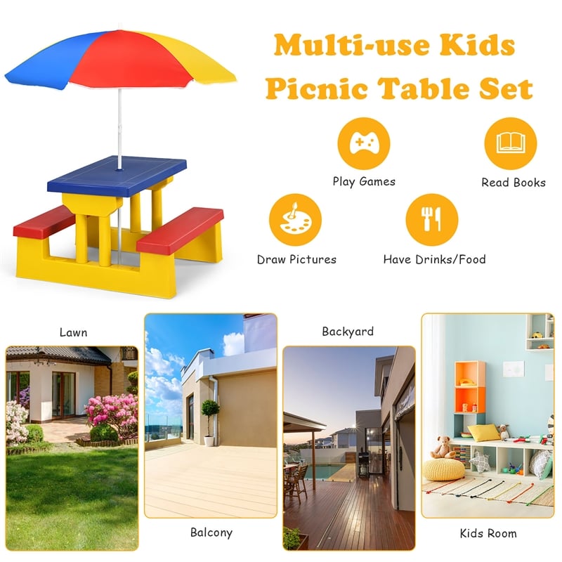 Pemberly Row Picnic Table Set withRemovable Umbrella Garden Patio Multicolor