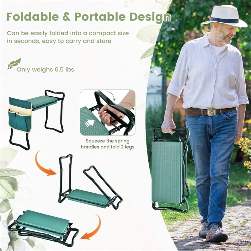 Pemberly Row Foldable Garden Stool Heavy Duty Gardening Bench w/ 1 Pouch