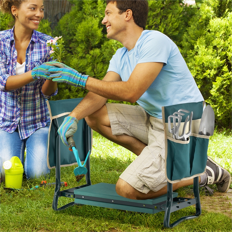 Pemberly Row Foldable Garden Stool Heavy Duty Gardening Bench w/2 Pouches Green