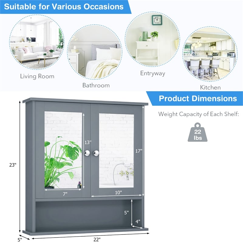 Pemberly Row Bathroom Double Mirror Door Storage Medicine Cabinet Gray