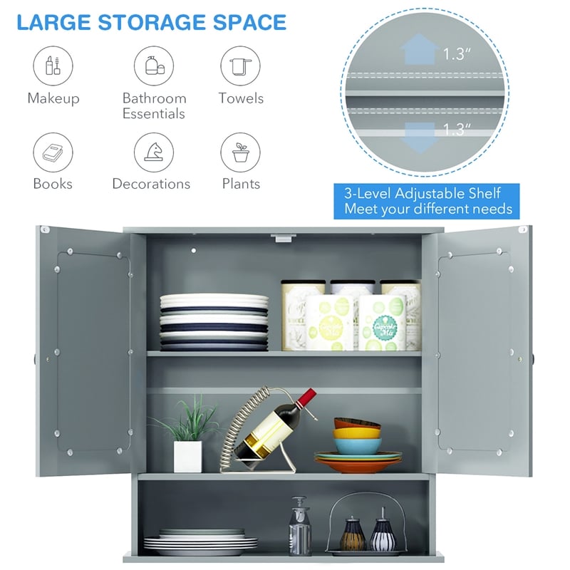 Pemberly Row Bathroom Double Mirror Door Storage Medicine Cabinet Gray