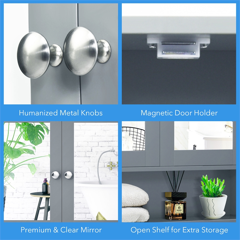 Pemberly Row Bathroom Double Mirror Door Storage Medicine Cabinet Gray