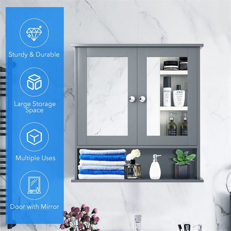 Pemberly Row Bathroom Double Mirror Door Storage Medicine Cabinet Gray