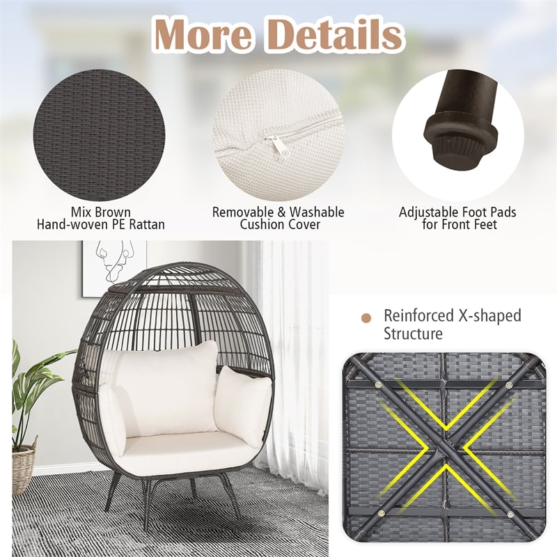 Pemberly Row Patio Oversized Wicker Egg Chair Lounge Basket 4 Cushion White