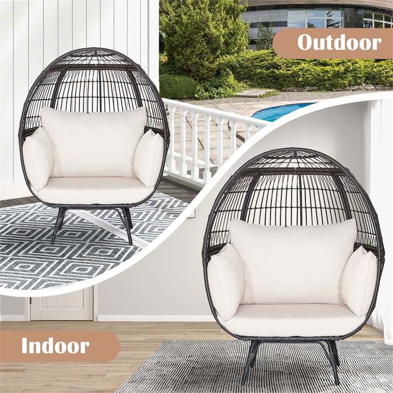 Pemberly Row Patio Oversized Wicker Egg Chair Lounge Basket 4 Cushion White