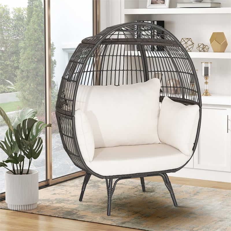 Pemberly Row Patio Oversized Wicker Egg Chair Lounge Basket 4 Cushion White